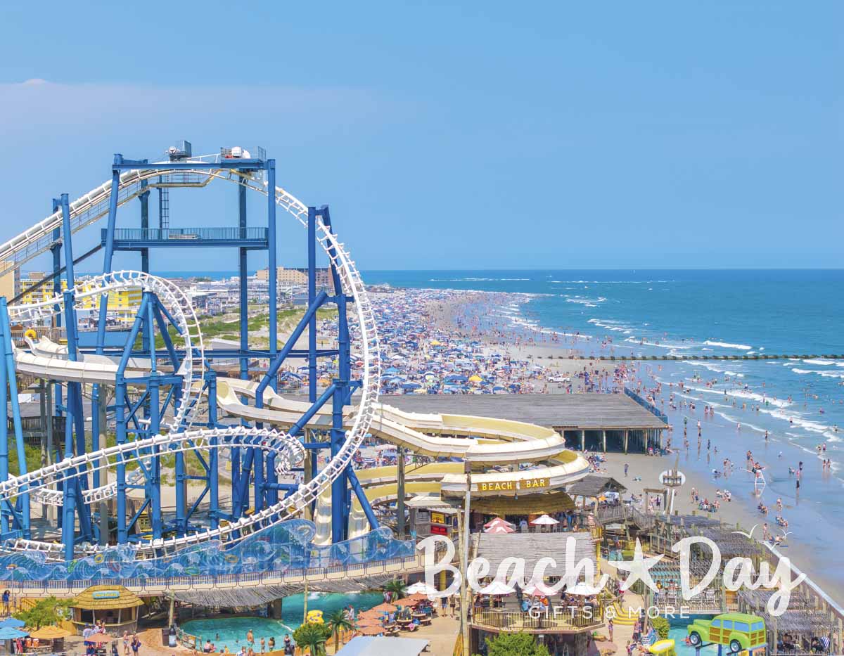 Roller coaster overlooking the beach and ocean on the Wildwood boardwalk