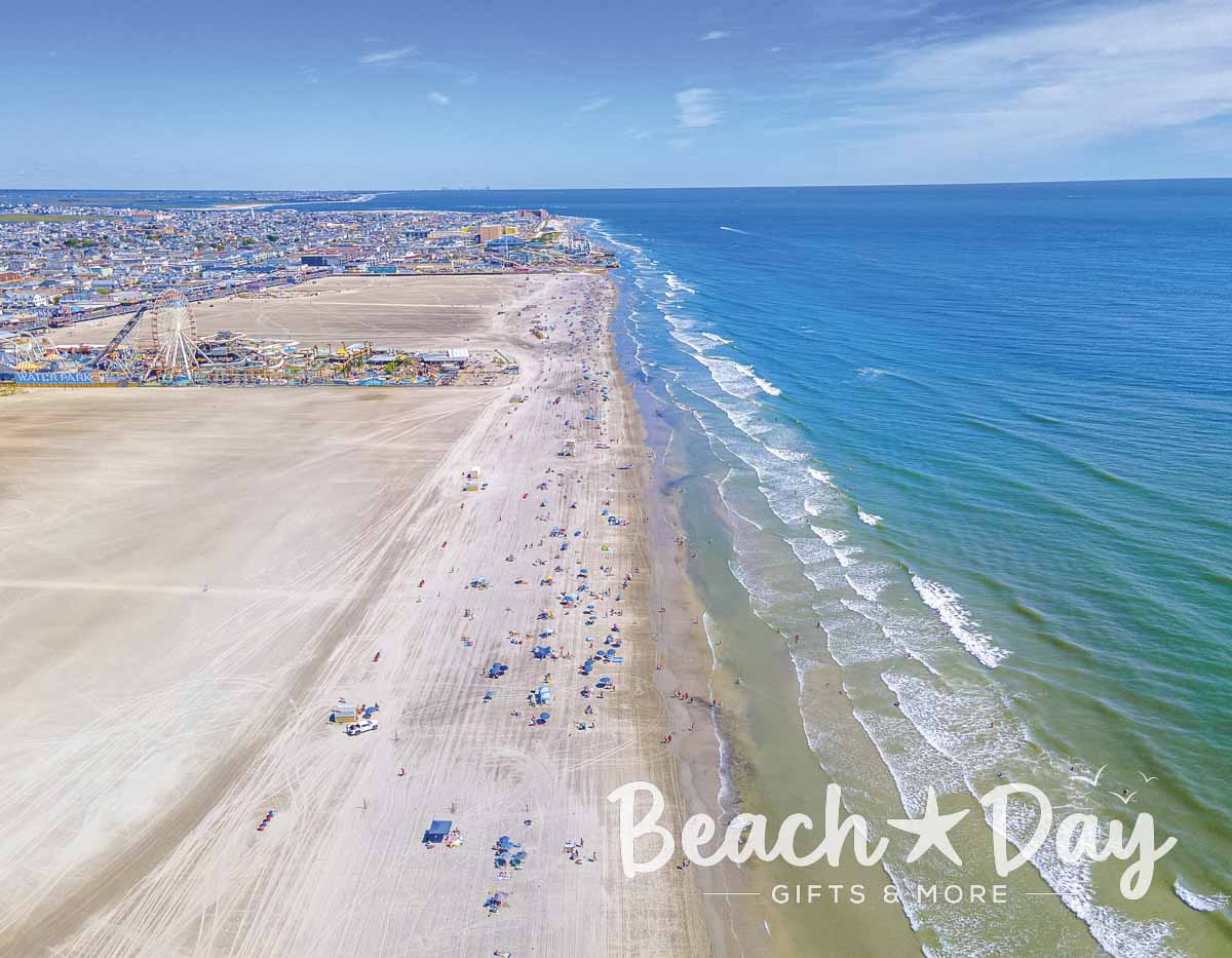 Aerial view of the Wildwood beach, boardwalk and Atlantic Ocean