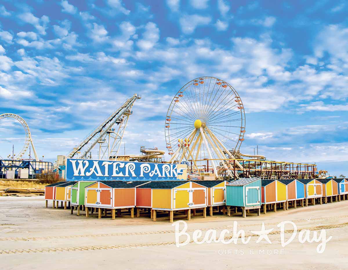 Wildwood water park, Ferris wheel and colorful beach cabanas