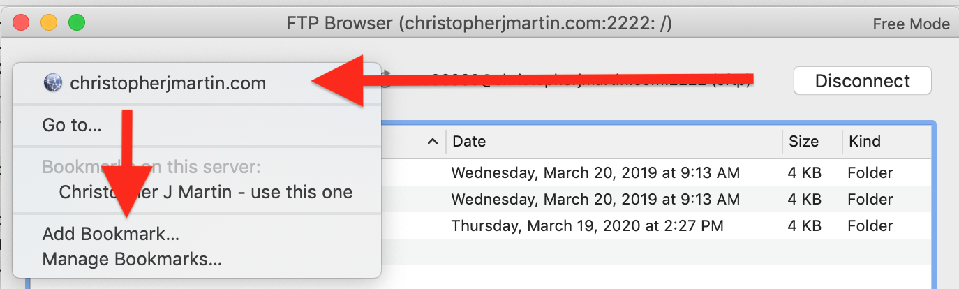 BBEdit directory navigation dropdown showing Add Bookmark option